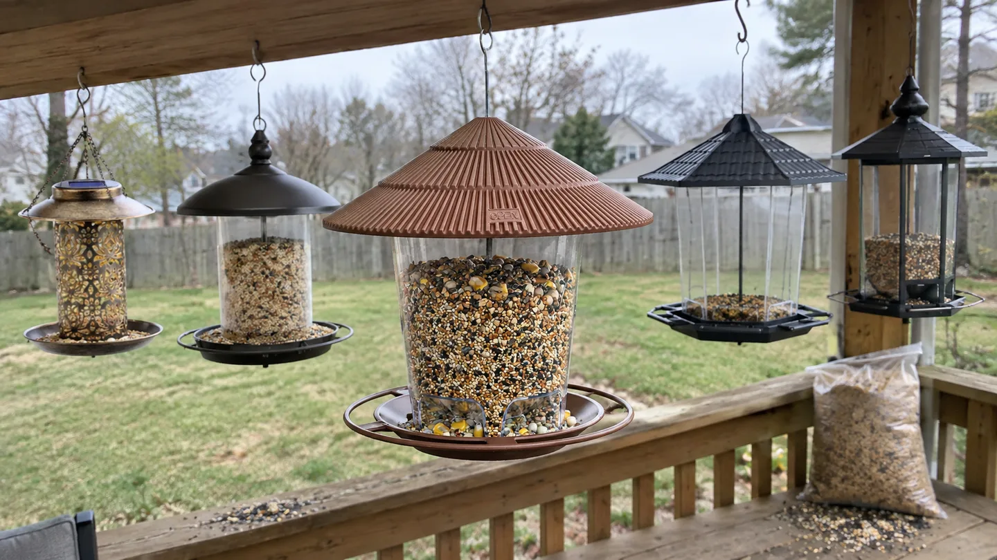 The five bird feeders in this guide hung side by side along a back porch beam, the Matt 6:26 in the middle